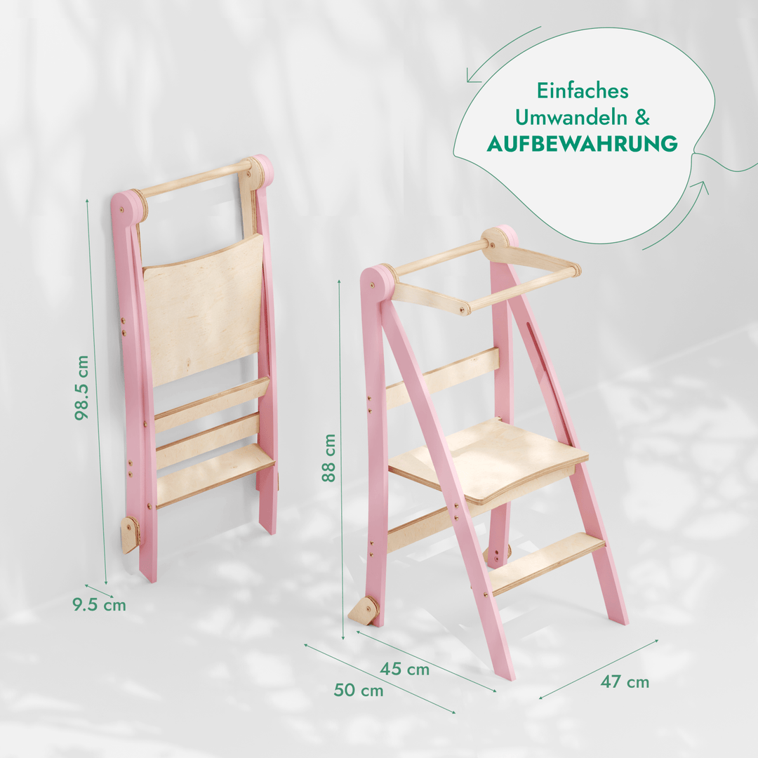 Holz Lernleiter Montessori: Multifunktionaler, klappbarer Lernturm für Kinder – Rosa - Goodevas DE