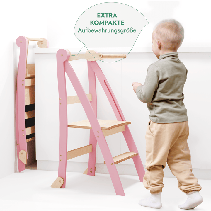 Holz Lernleiter Montessori: Multifunktionaler, klappbarer Lernturm für Kinder – Rosa - Goodevas DE