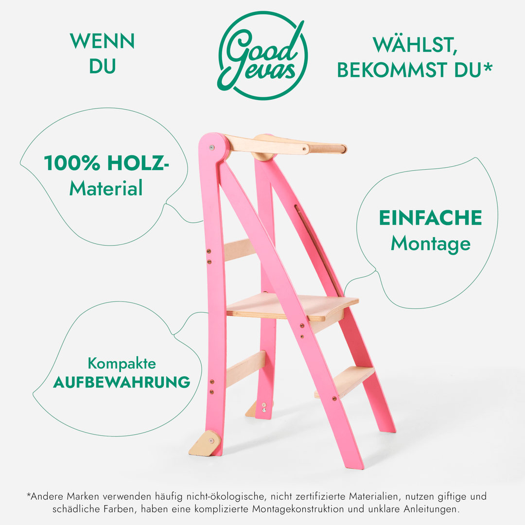 Holz Lernleiter Montessori: Multifunktionaler, klappbarer Lernturm für Kinder – Rosa - Goodevas DE