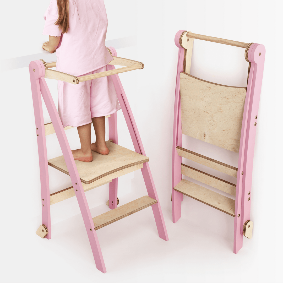 Holz Lernleiter Montessori: Multifunktionaler, klappbarer Lernturm für Kinder – Rosa - Goodevas DE