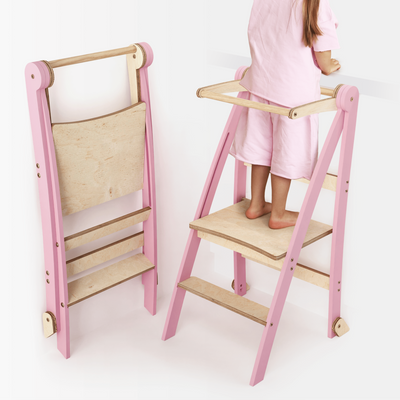 Holz Lernleiter Montessori: Multifunktionaler, klappbarer Lernturm für Kinder – Rosa