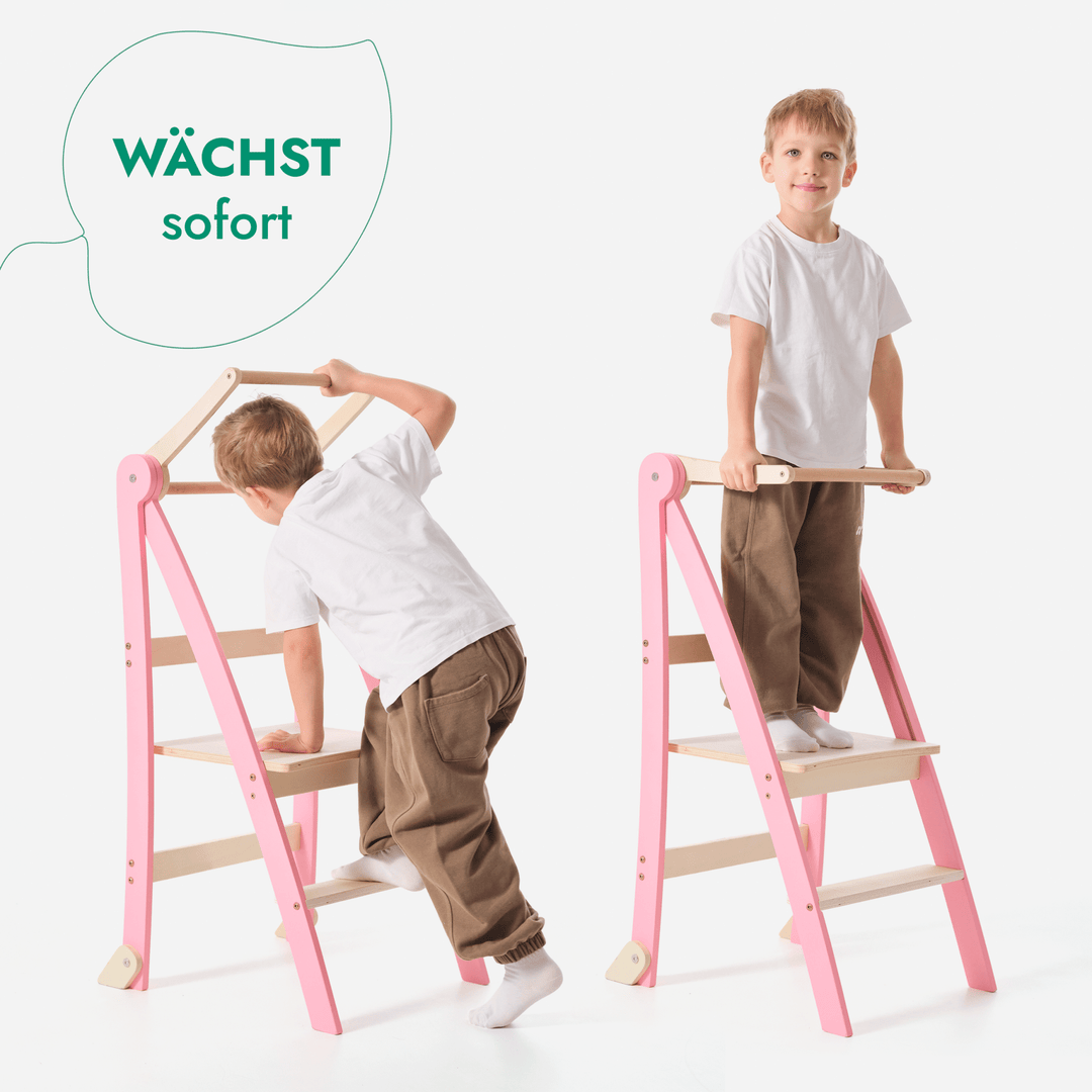 Holz Lernleiter Montessori: Multifunktionaler, klappbarer Lernturm für Kinder – Rosa - Goodevas DE