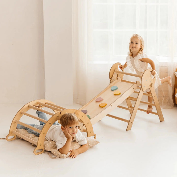 Montessori 4in1 Kletterdreieck für Babys: Pikler-Dreieck, Kletterbogen, Rutschbrett und Kissen für Kleinkinder (1–3 Jahre) - Beige - Goodevas DE