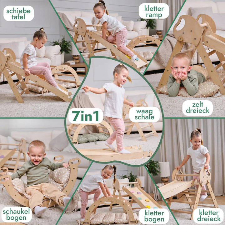 Montessori 4in1 Kletterdreieck für Babys: Pikler-Dreieck, Kletterbogen, Rutschbrett und Kissen für Kleinkinder (1–3 Jahre) - Beige - Goodevas DE
