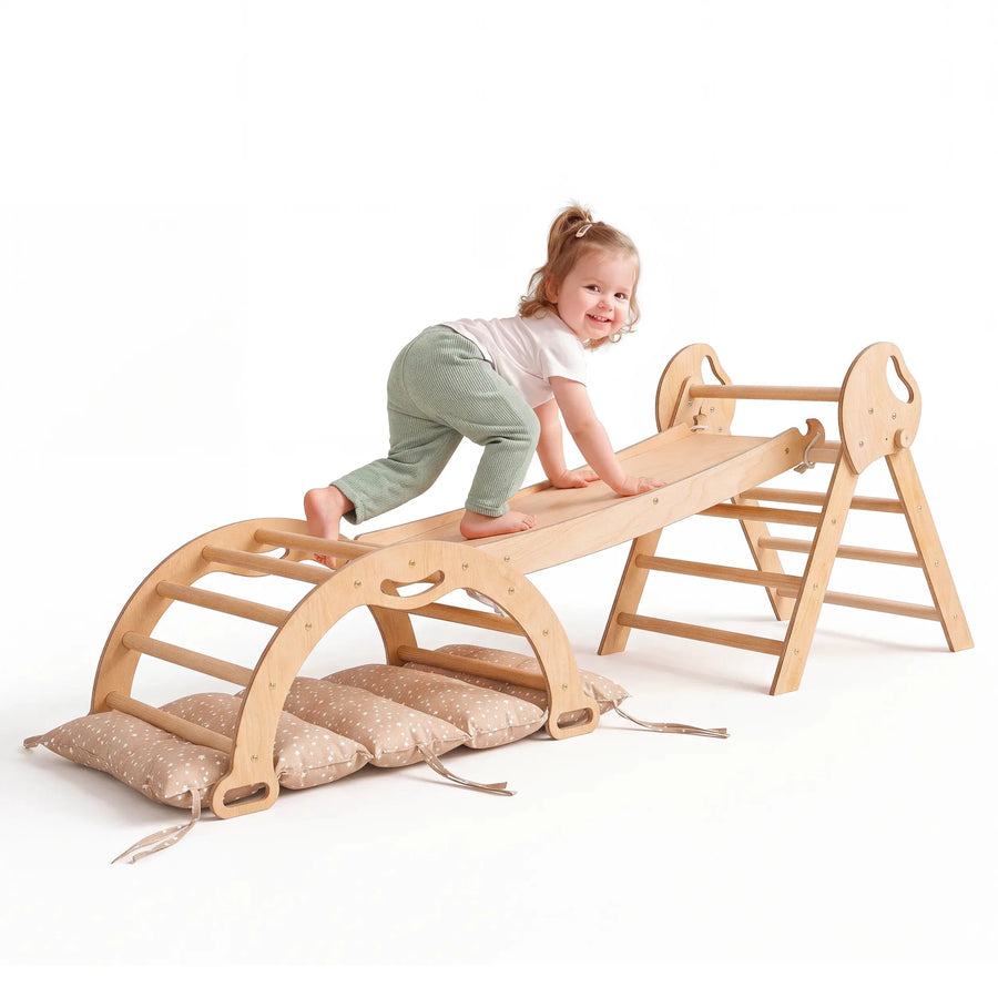 Montessori 4in1 Kletterdreieck für Babys: Pikler-Dreieck, Kletterbogen, Rutschbrett und Kissen für Kleinkinder (1–3 Jahre) - Beige - Goodevas DE