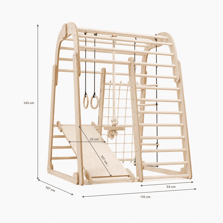 6in1 Indoor Spielplatz für Kinder: Klettergerüst mit Kletternetz, Rutsche, Gymnastikringe, Hängende Leiter und Disc-Schaukel – Beige