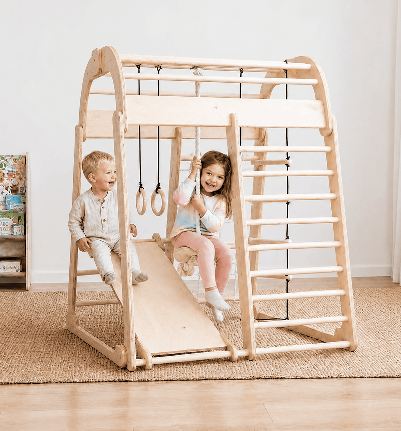 6in1 Indoor Spielplatz für Kinder: Klettergerüst mit Kletternetz, Rutsche, Gymnastikringe, Hängende Leiter und Disc-Schaukel – Beige