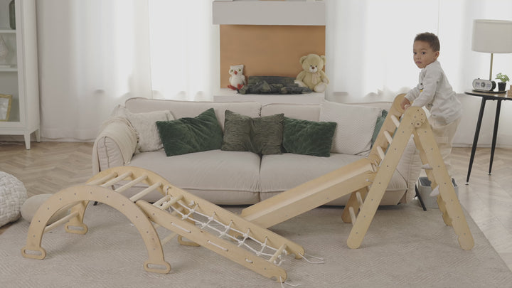 4in1 Montessori Klettergerüst Set: Kletterdreieck mit Rutsche, Kletterbogen, Kletternetz, für Kinder 1-7 Jahre – Beige