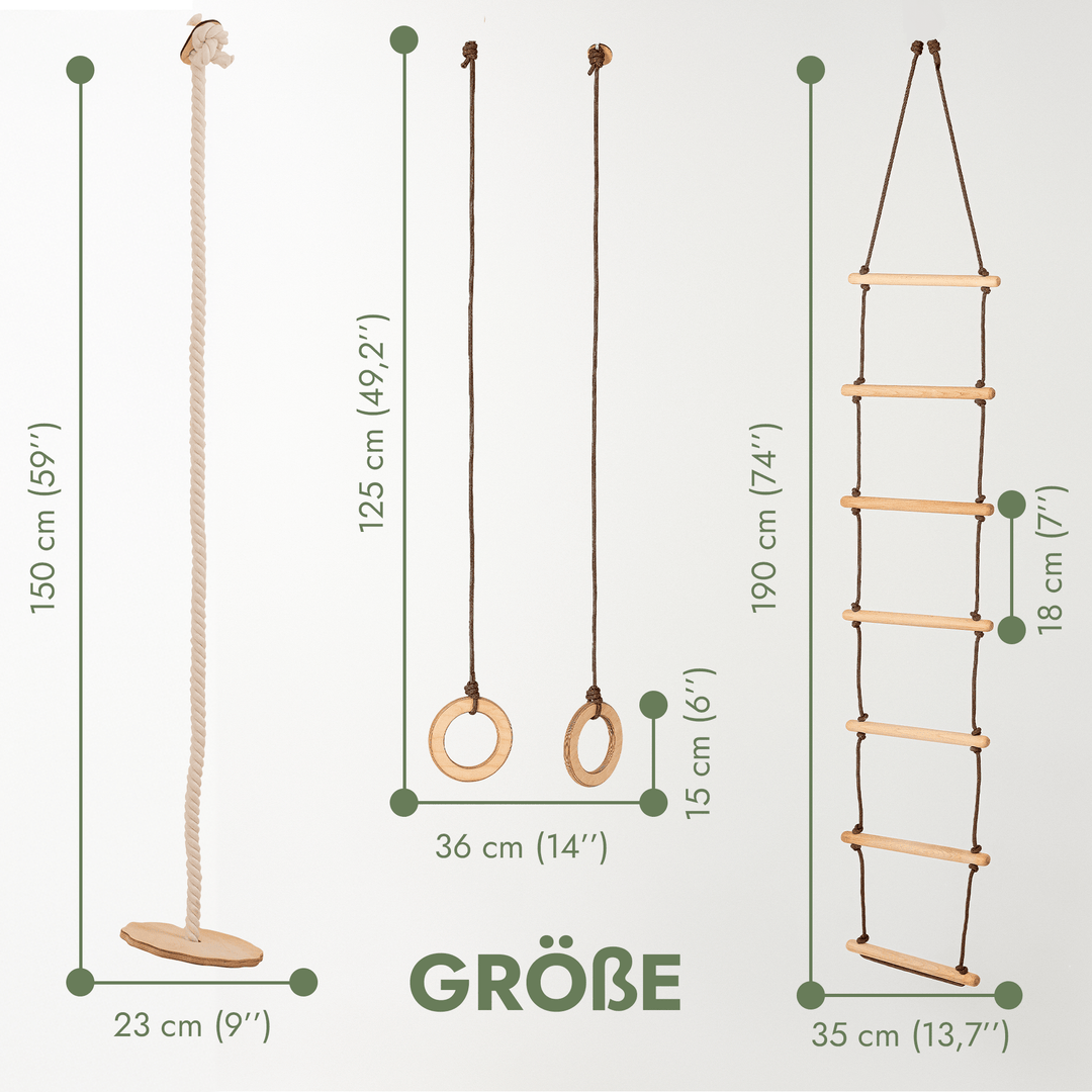 Set aus drei Schaukeln: Scheibe + Ringe + Strickleiter - Goodevas Deutschland