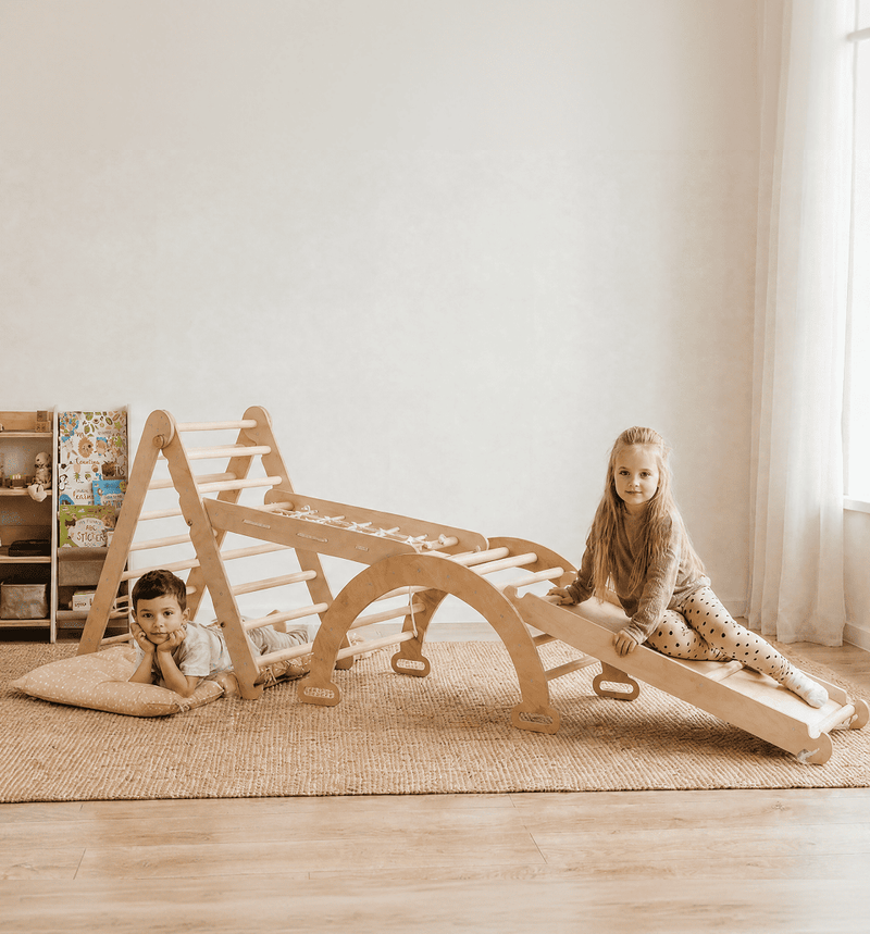 7in1 Montessori Klettergerüst Set: Kletterdreieck, Kletterbogen mit Kissen, Rutsche, Kletternetz, Maltafel und Kinderstuhl, für Kinder 1-7 Jahre – Beige