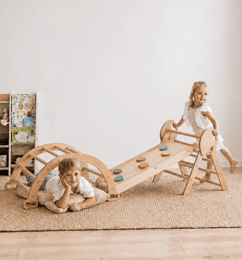 Montessori 4in1 Kletterdreieck für Babys: Pikler-Dreieck, Kletterbogen, Rutschbrett und Kissen für Kleinkinder (1–3 Jahre) - Beige