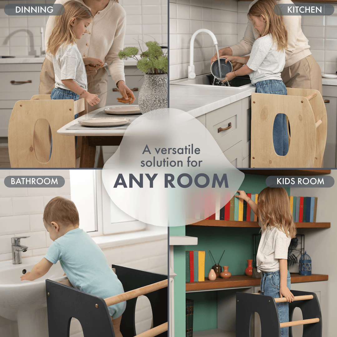 Stabiler Montessori Lernturm: Mitwachsender Kinderstuhl aus Holz – Beige - Goodevas Deutschland