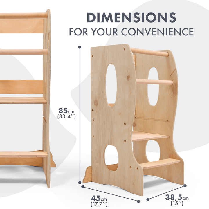 Stabiler Montessori Lernturm: Mitwachsender Kinderstuhl aus Holz – Beige - Goodevas Deutschland