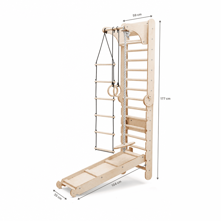 8in1 Kletterwand Indoor: Sprossenwand, Gymnastikringe, Hängende Leiter, Disc-Schaukel, Rutsche, Klimmzugstange, Maltafel und Kinderstuhl für Kinder – Beige